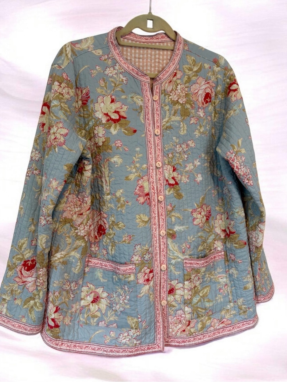 Handmade Quilted Floral Button-Front Jacket Reversible Size XL
